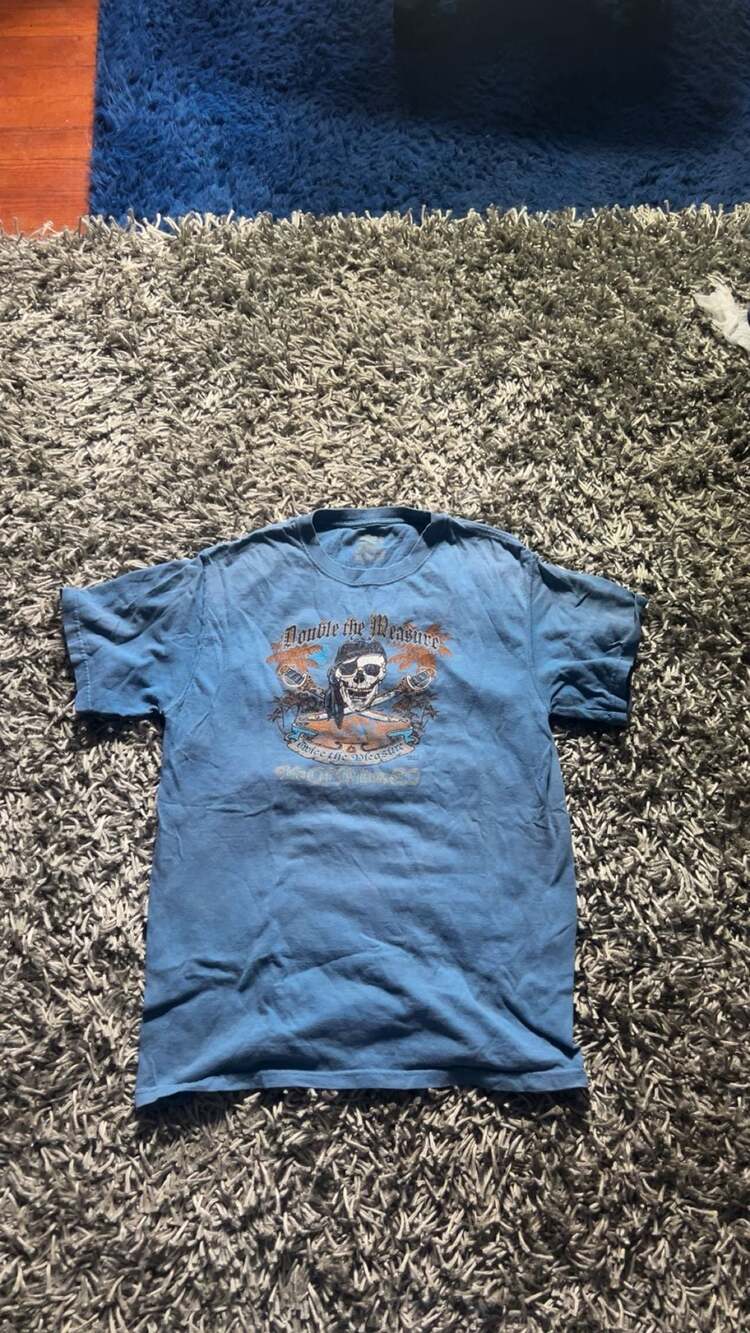 21 Men Blue Graphic T-Shirt with Skull and Double the Measure Text